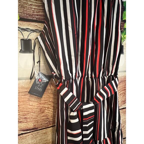 Area Stars Striped Belted Tiered Dress L Midi Holiday Party Workwear Sleeveless - Picture 5 of 6